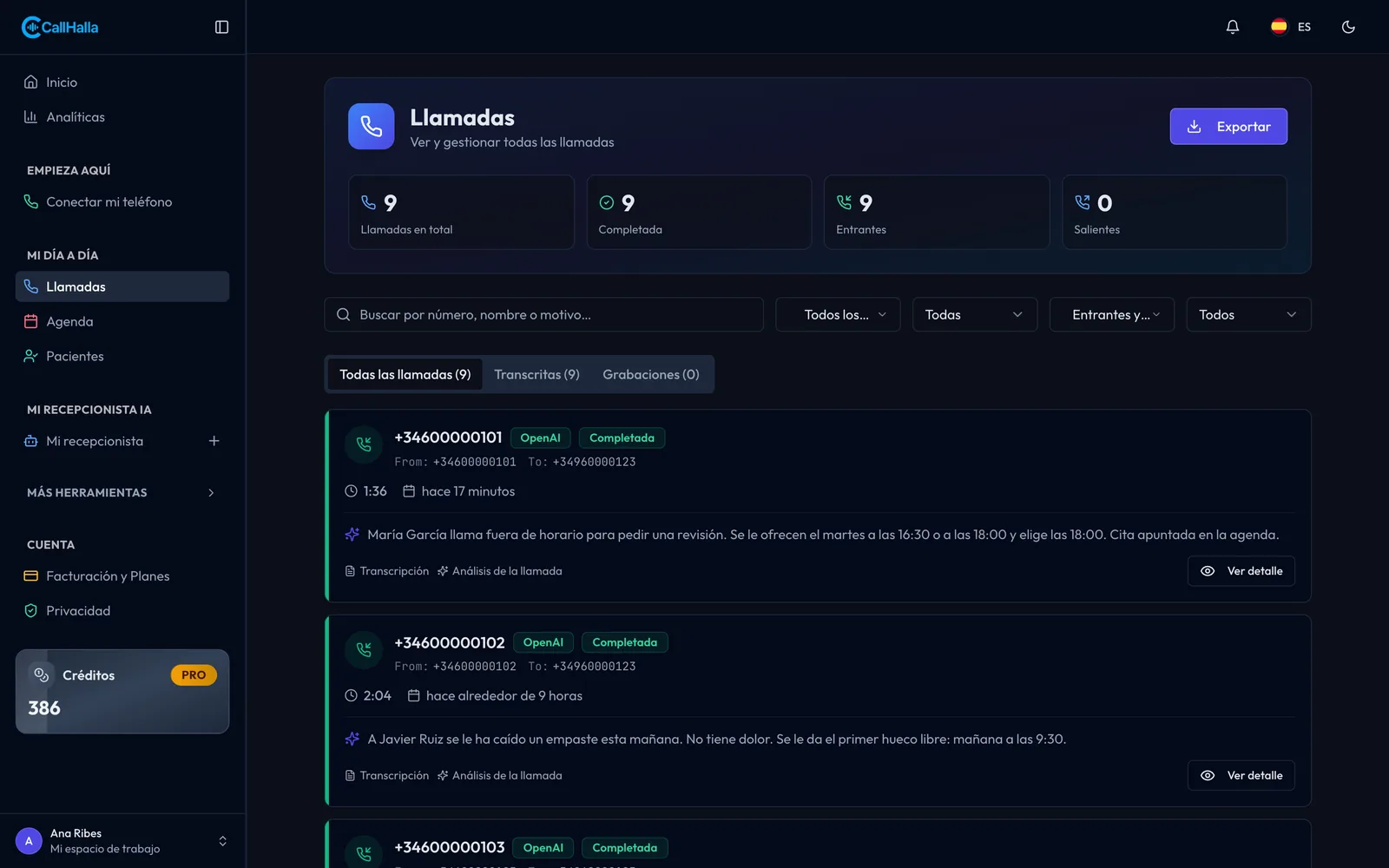 Lista de llamadas del panel de CallHalla, cada una con su resumen